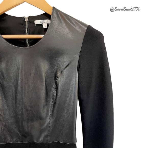 HELMUT LANG Black Lambskin Leather Panel Long Sleeve Mini Dress NWOT - Picture 6 of 16